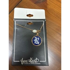 From the Heart Jenkins Enterprises Gold Tone Initial R Blue Pendant Necklace NWT